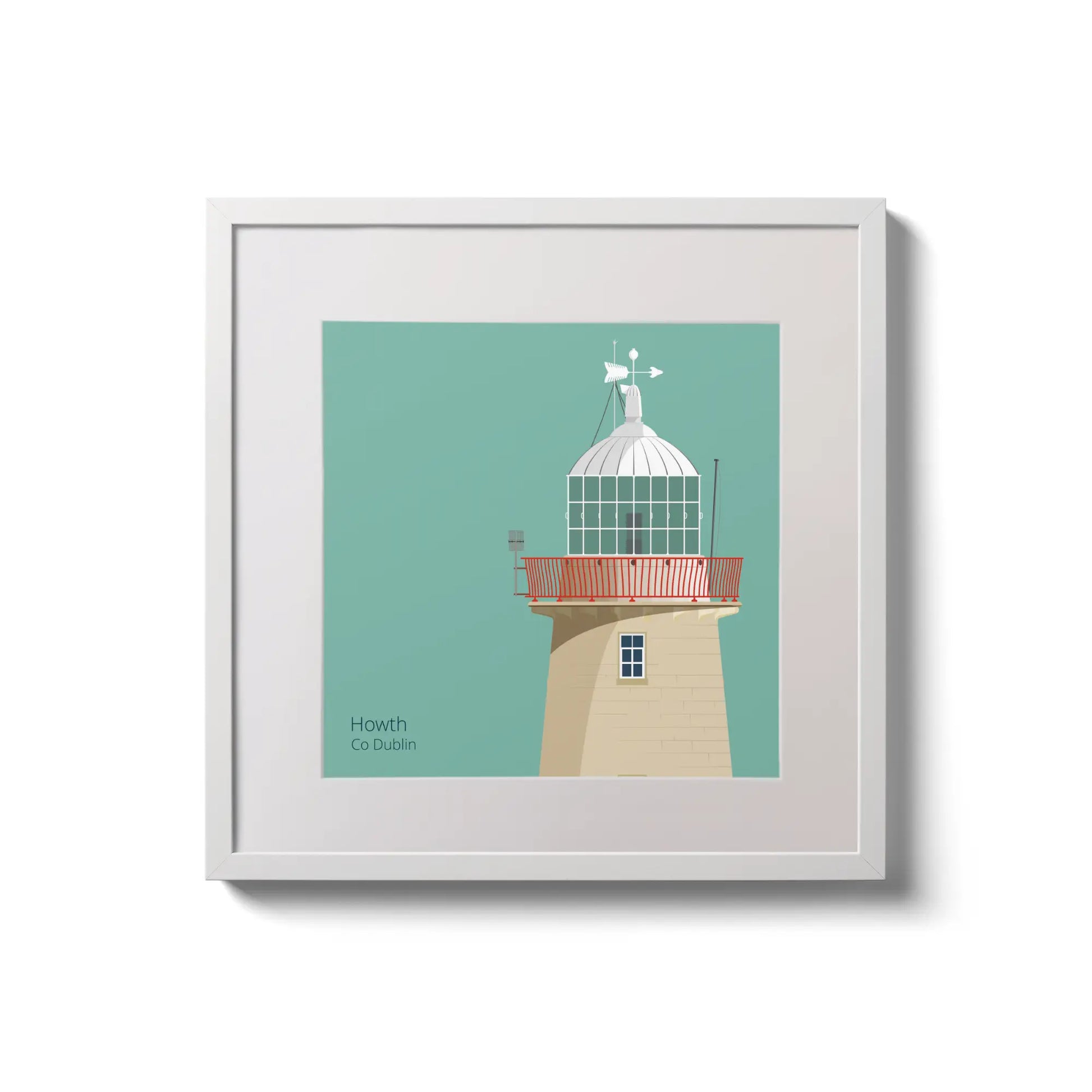 Illustration of Howth lighthouse on an ocean green background,  in a white square frame measuring 20x20cm.