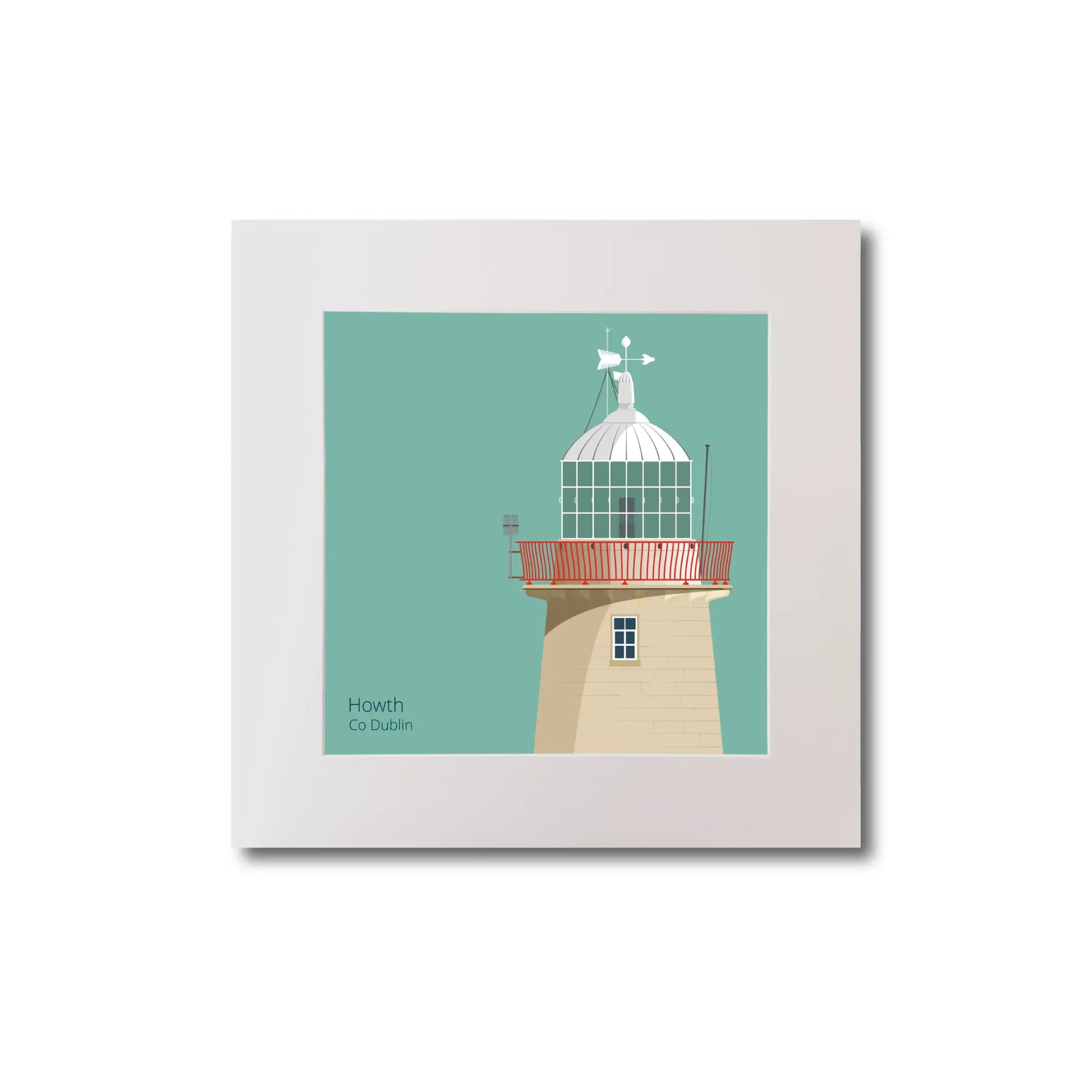 Illustration of Howth lighthouse on an ocean green background, mounted and measuring 20x20cm.