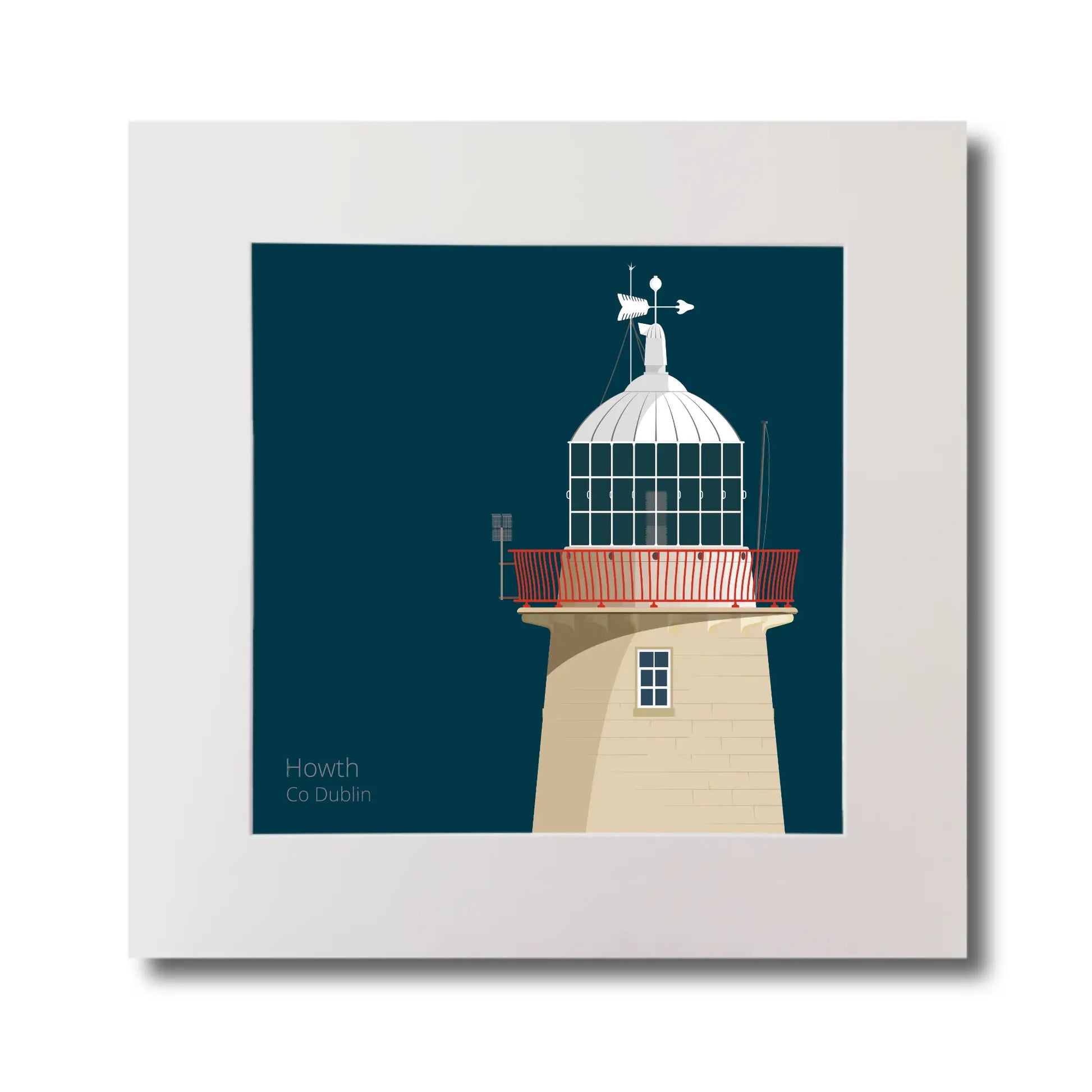 Illustration of Howth lighthouse on a midnight blue background, mounted and measuring 30x30cm.