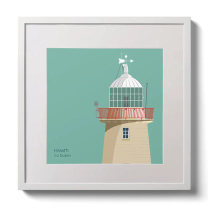 Illustration of Howth lighthouse on an ocean green background,  in a white square frame measuring 30x30cm.