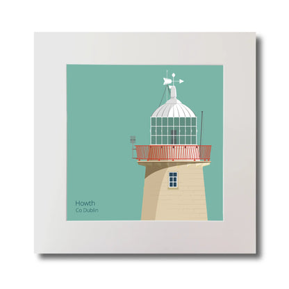 Illustration of Howth lighthouse on an ocean green background, mounted and measuring 30x30cm.