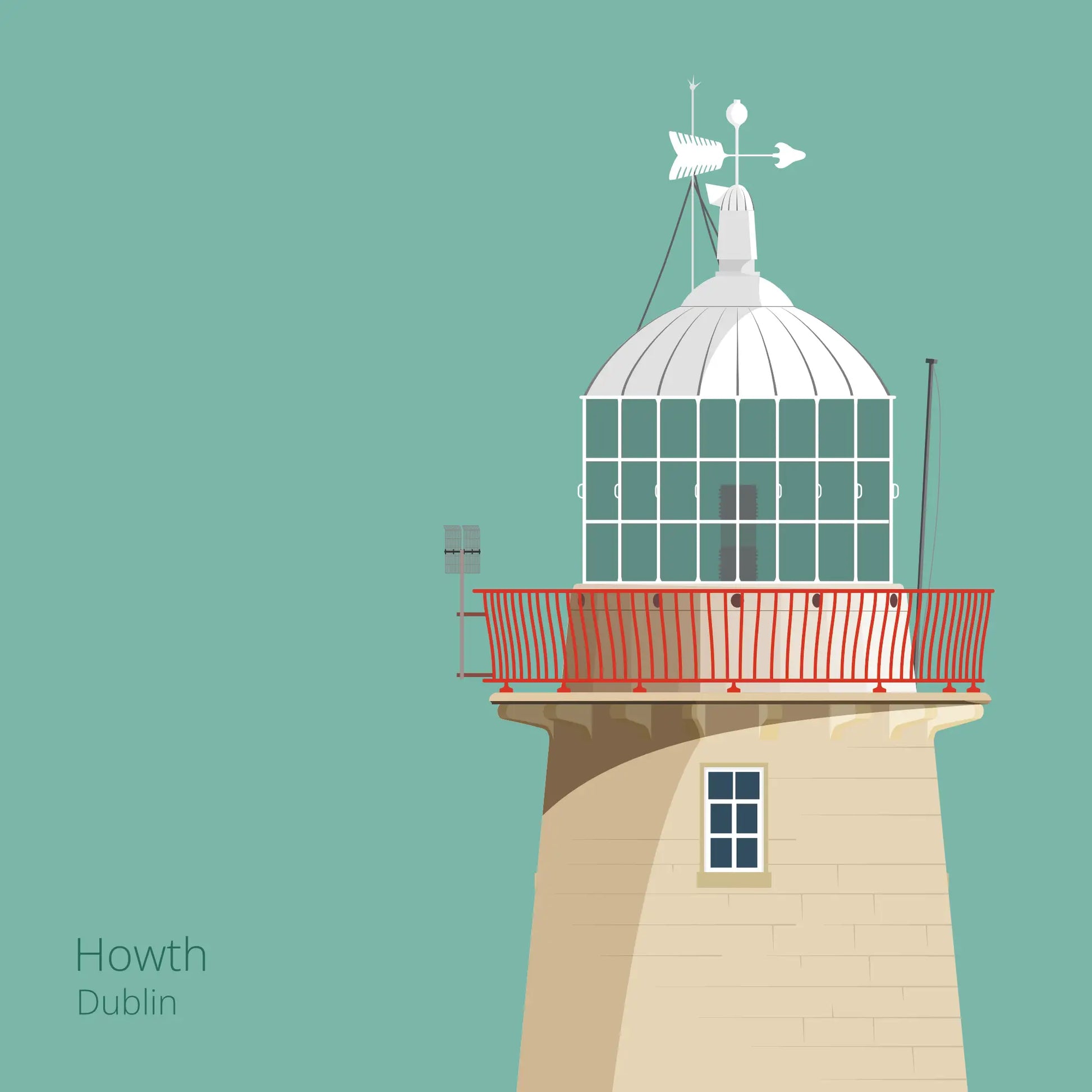 Illustration of Howth lighthouse on an ocean green background
