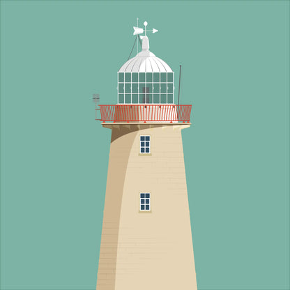 Illustration of Howth lighthouse on a white background inside light blue square.