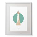 Illustration of Fastnet lighthouse on a white background inside light blue square,  in a white frame measuring 40x50cm.