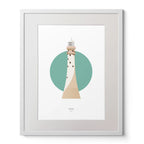 Illustration of Fastnet lighthouse on a white background inside light blue square,  in a white frame measuring 40x50cm.