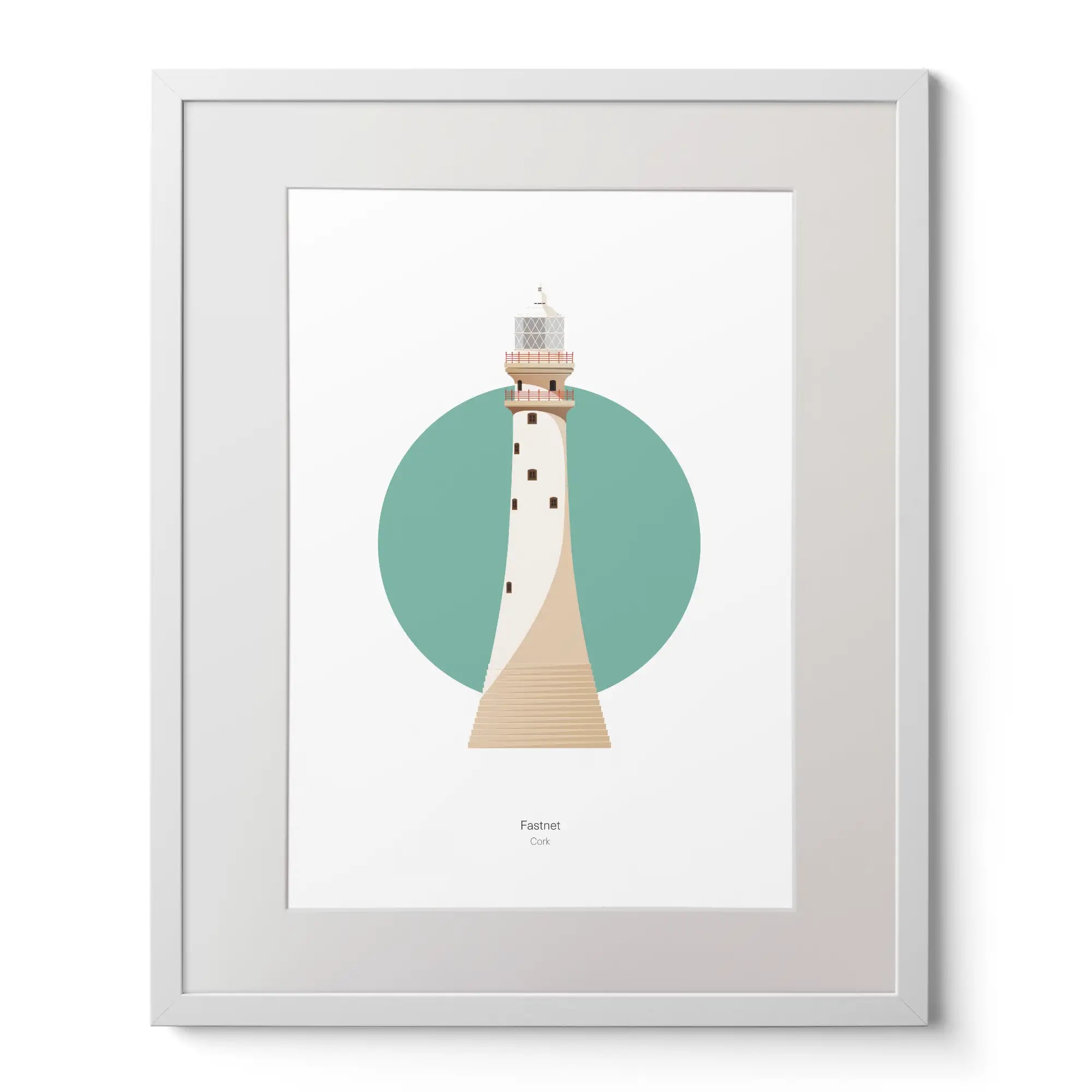 Illustration of Fastnet lighthouse on a white background inside light blue square,  in a white frame measuring 40x50cm.