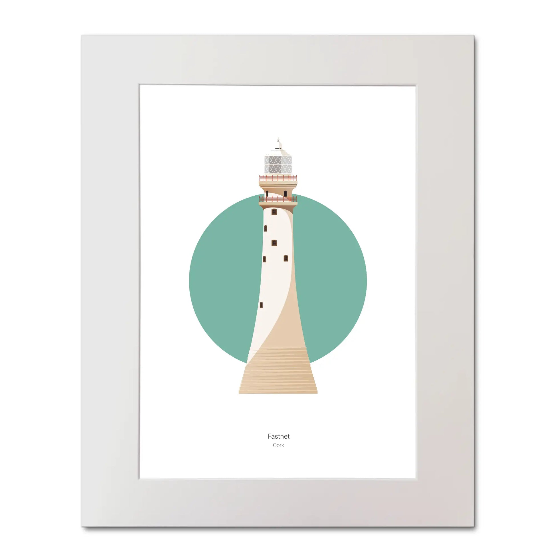 Illustration of Fastnet lighthouse on a white background inside light blue square, mounted and measuring 40x50cm.