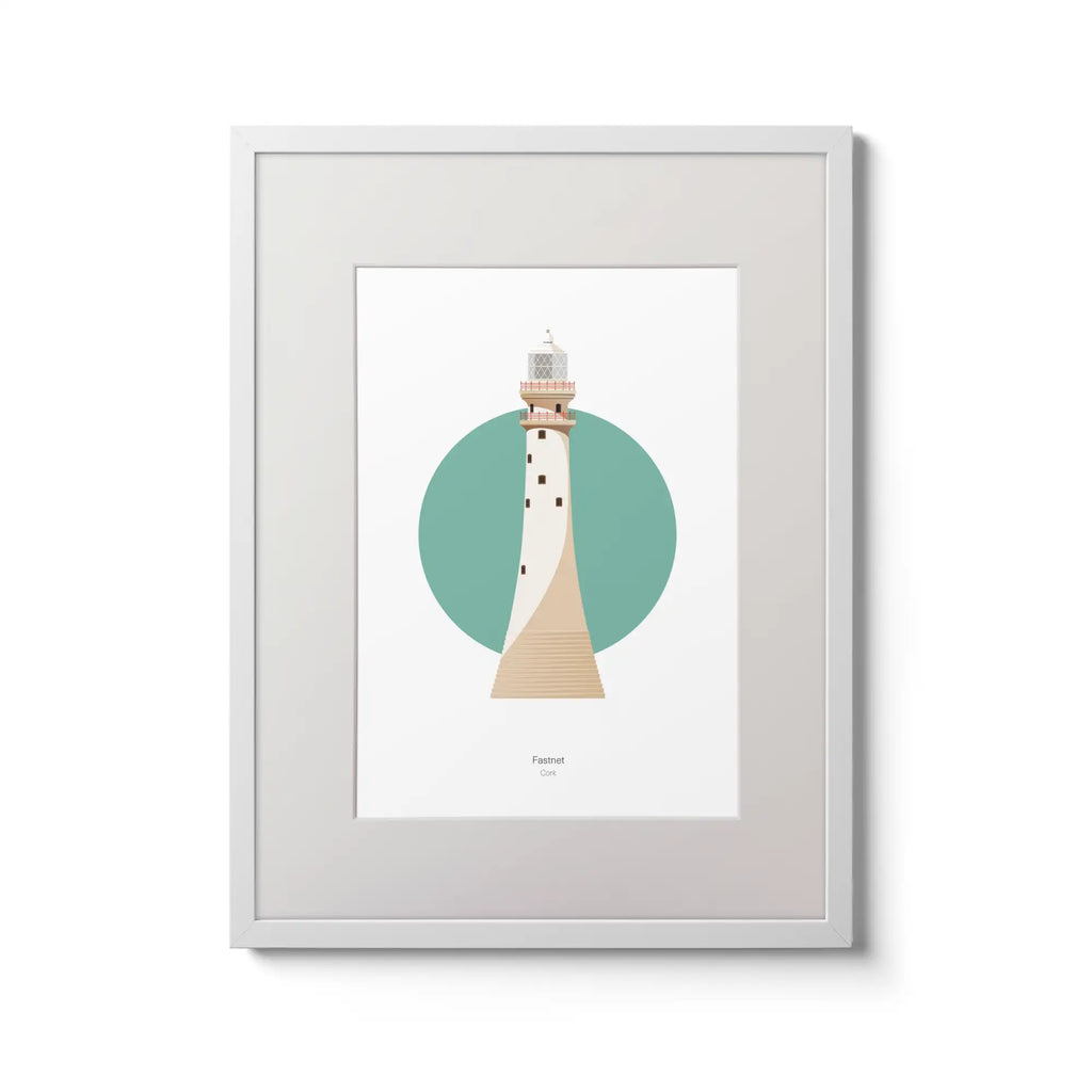 Illustration of Fastnet lighthouse on a white background inside light blue square,  in a white frame measuring 30x40cm.