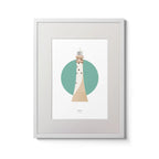 Illustration of Fastnet lighthouse on a white background inside light blue square,  in a white frame measuring 30x40cm.
