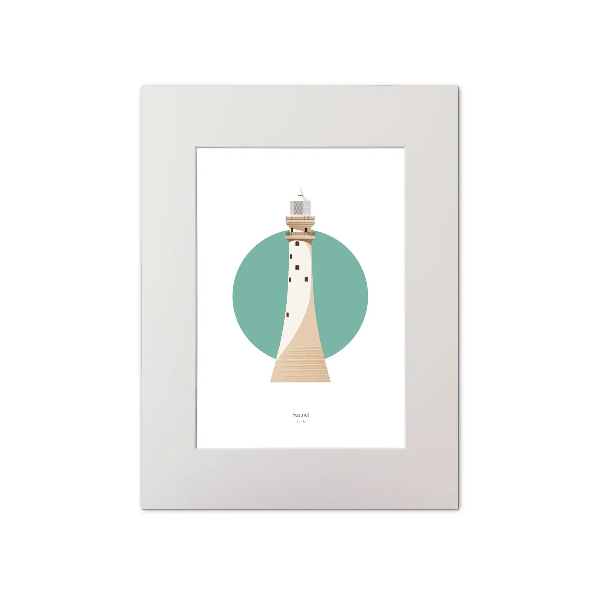 Illustration of Fastnet lighthouse on a white background inside light blue square, mounted and measuring 30x40cm.