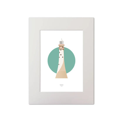 Illustration of Fastnet lighthouse on a white background inside light blue square, mounted and measuring 30x40cm.