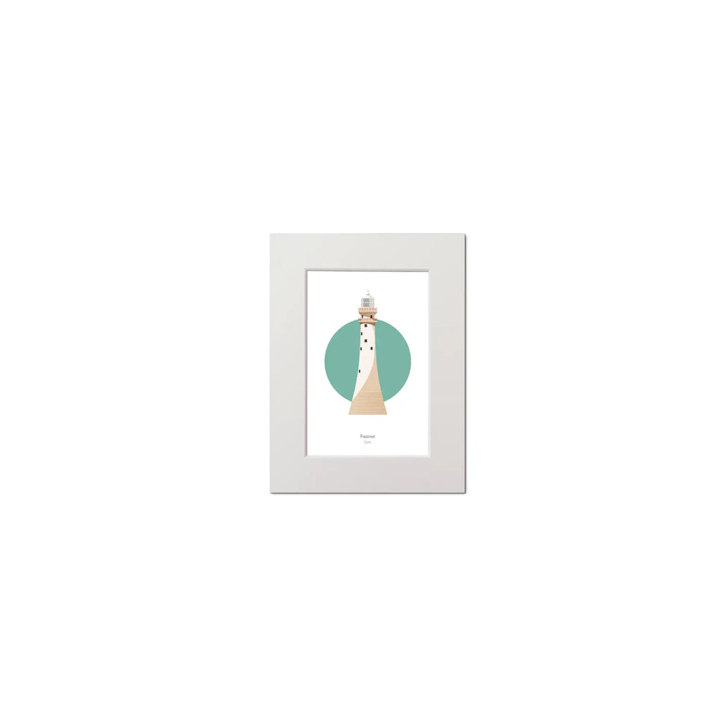 Illustration of Fastnet lighthouse on a white background inside light blue square, mounted and measuring 15x20cm.