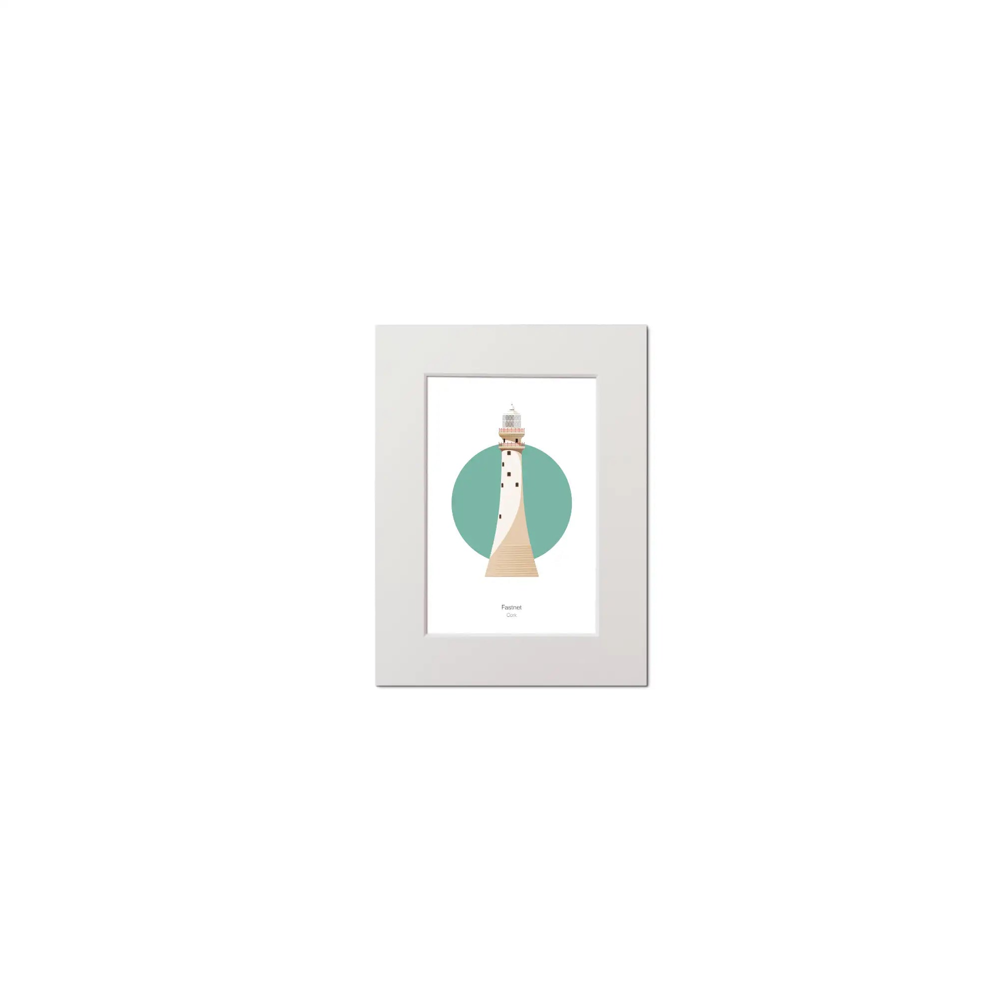 Illustration of Fastnet lighthouse on a white background inside light blue square, mounted and measuring 15x20cm.