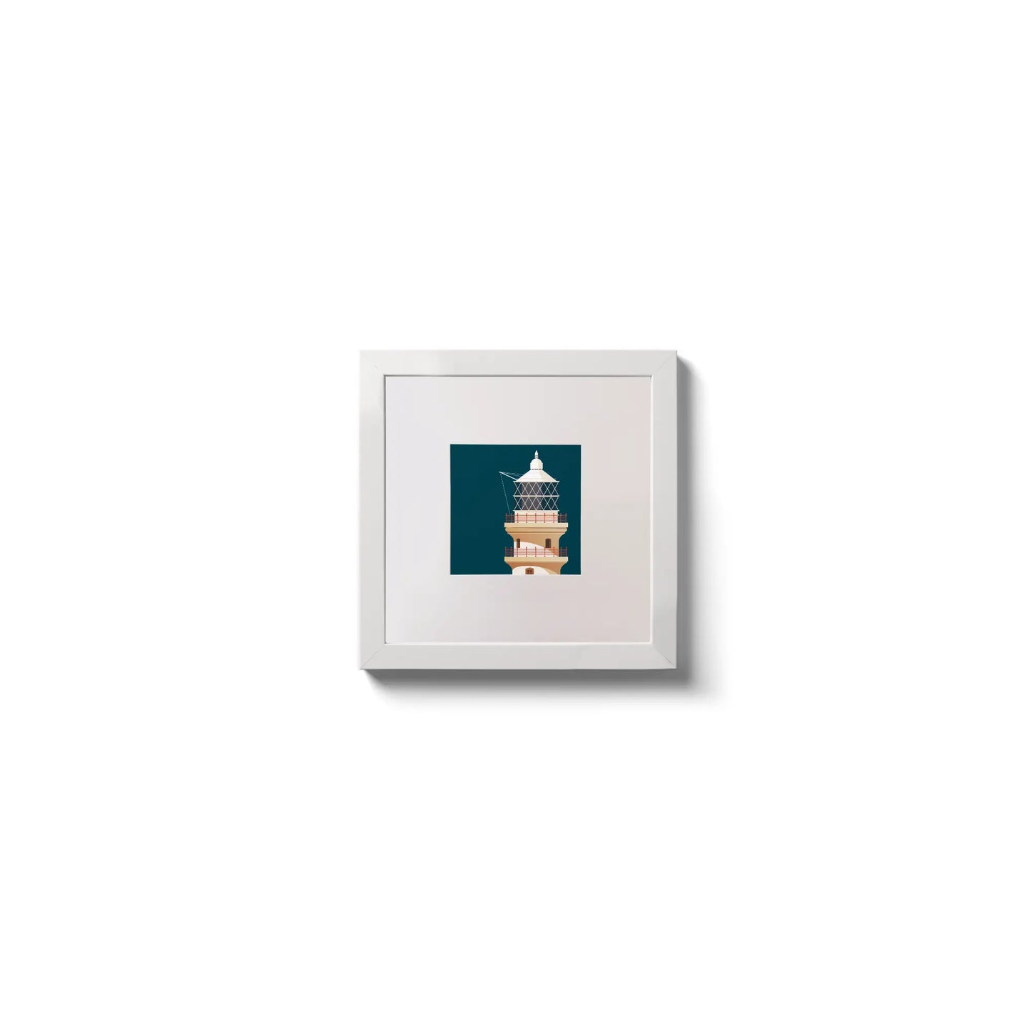 Illustration of Fastnet lighthouse on a midnight blue background,  in a white square frame measuring 10x10cm.