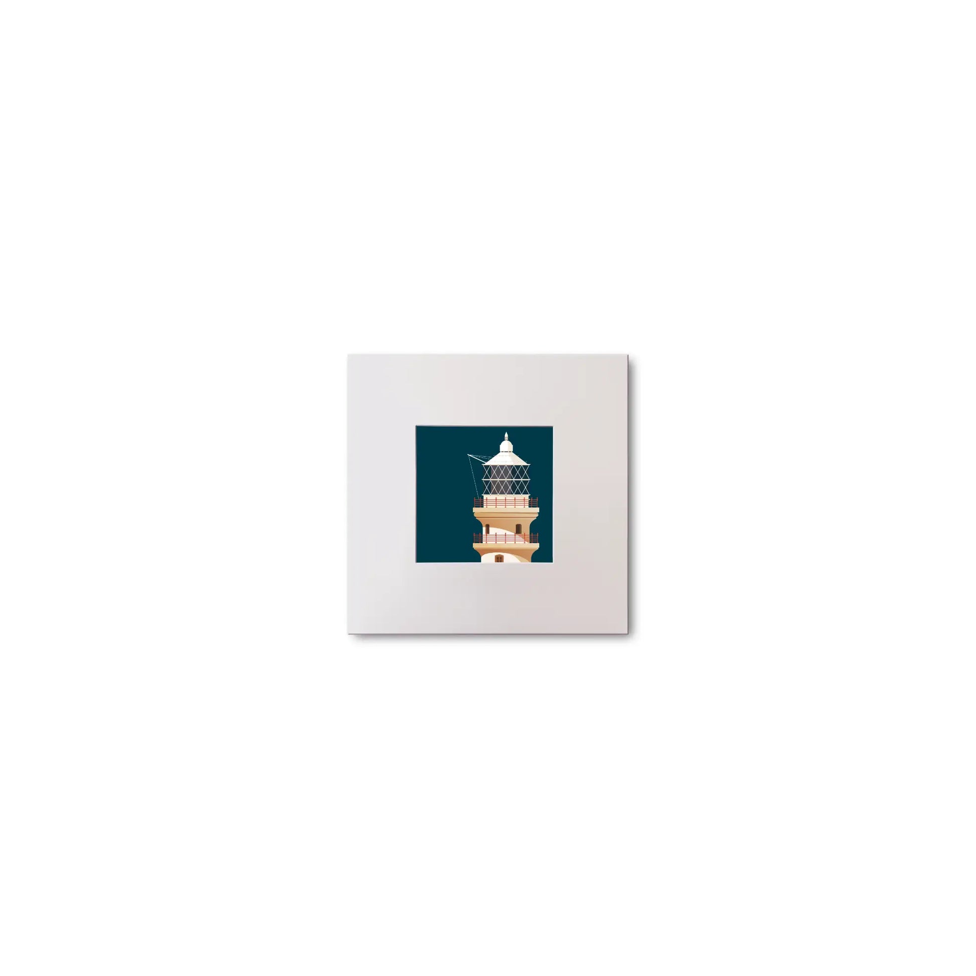 Illustration of Fastnet lighthouse on a midnight blue background, mounted and measuring 10x10cm.