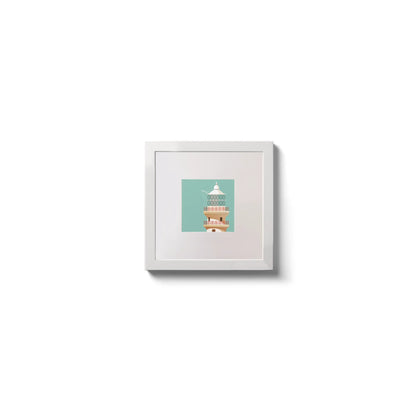 Illustration of Fastnet lighthouse on an ocean green background,  in a white square frame measuring 10x10cm.