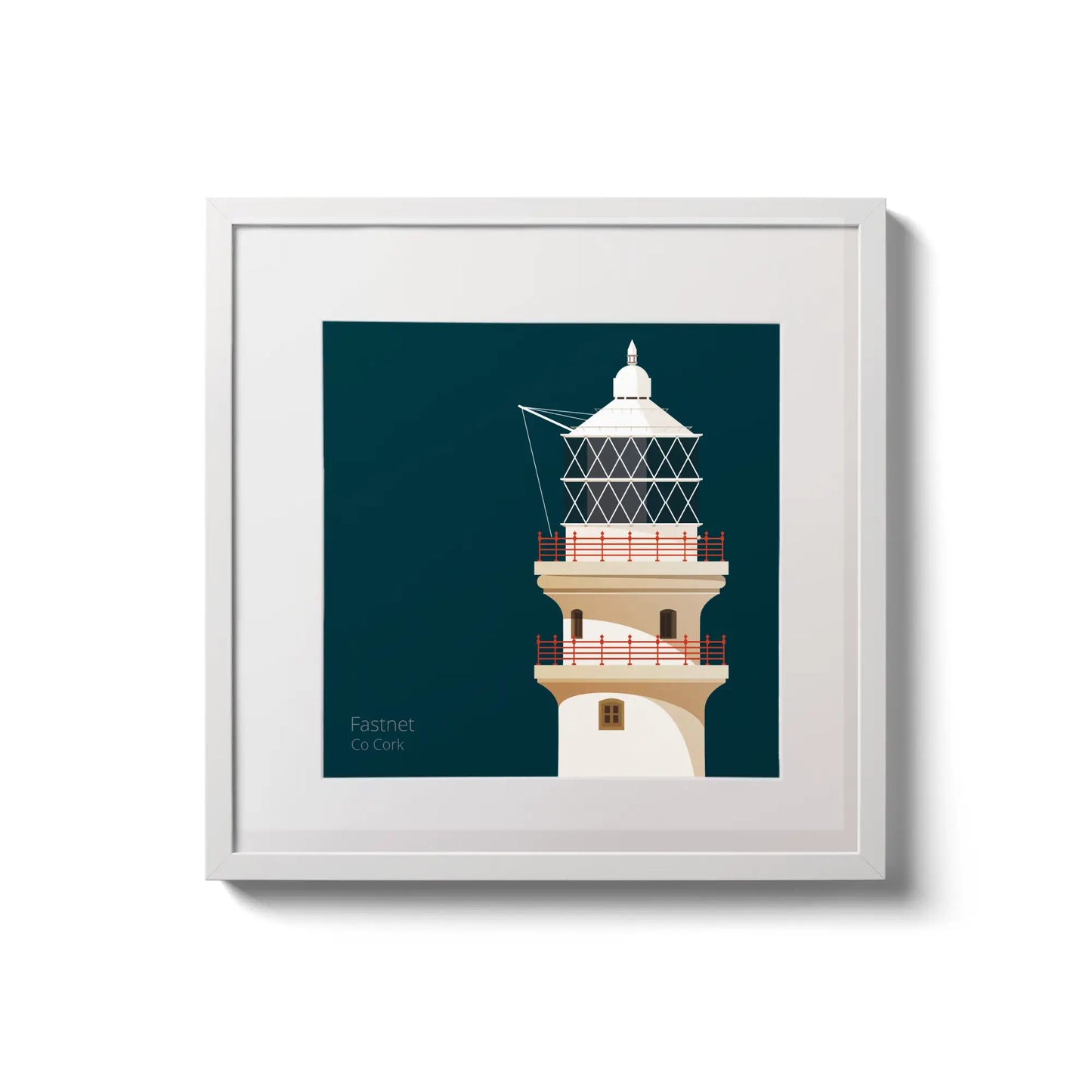 Illustration of Fastnet lighthouse on a midnight blue background,  in a white square frame measuring 20x20cm.