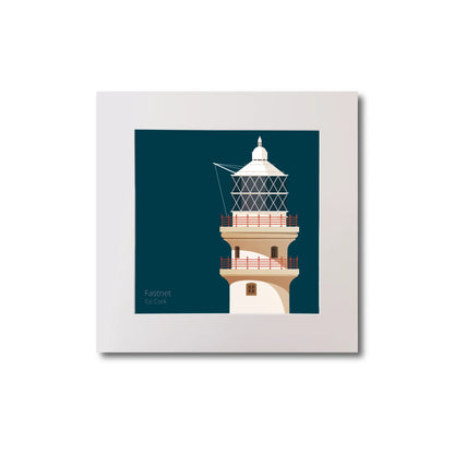 Illustration of Fastnet lighthouse on a midnight blue background, mounted and measuring 20x20cm.