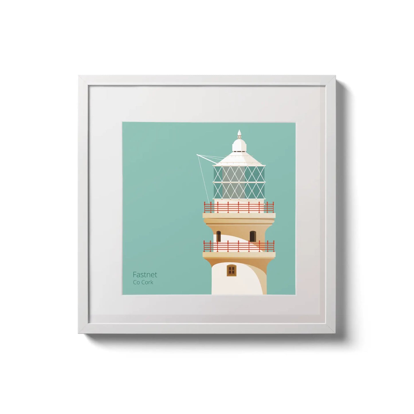 Illustration of Fastnet lighthouse on an ocean green background,  in a white square frame measuring 20x20cm.