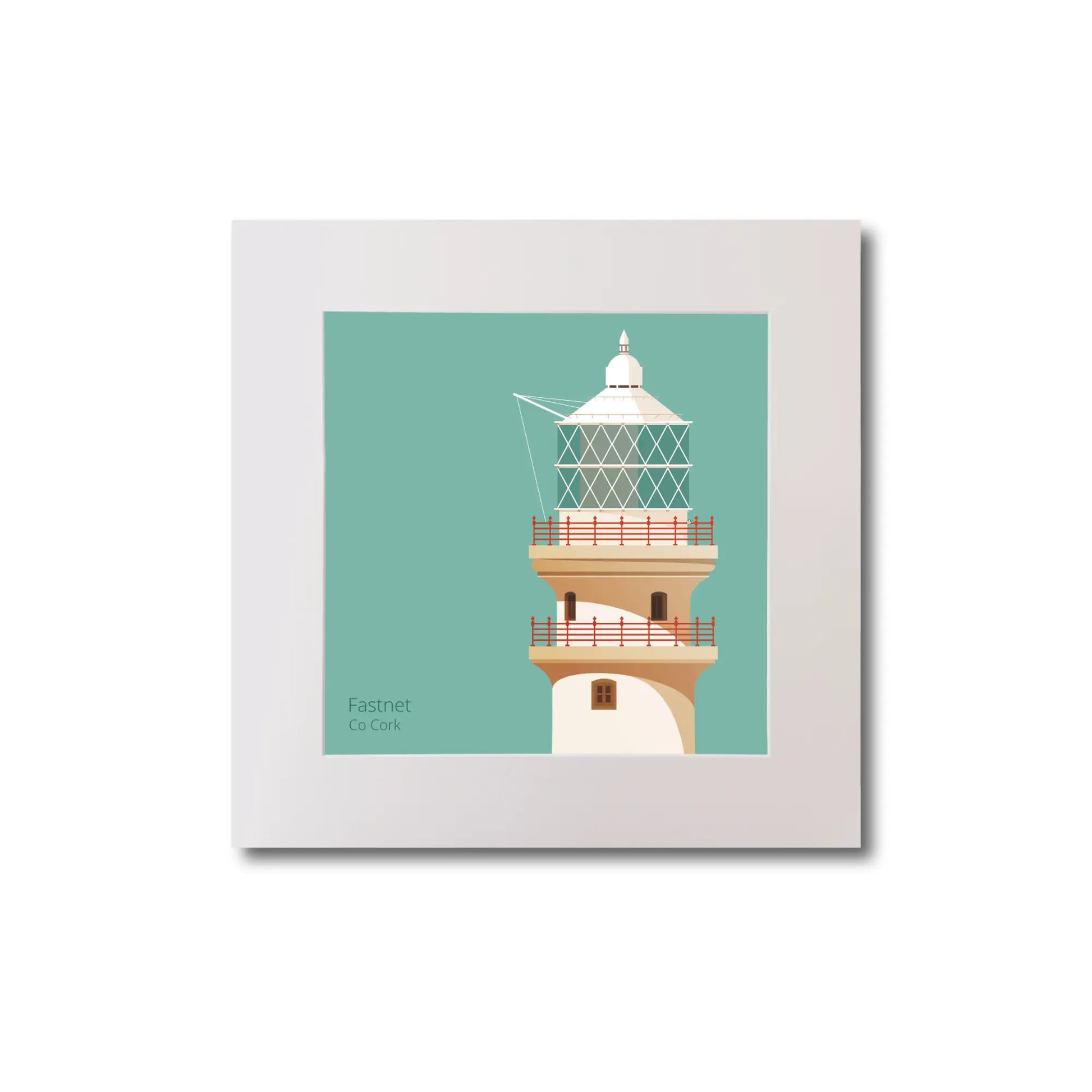 Illustration of Fastnet lighthouse on an ocean green background, mounted and measuring 20x20cm.