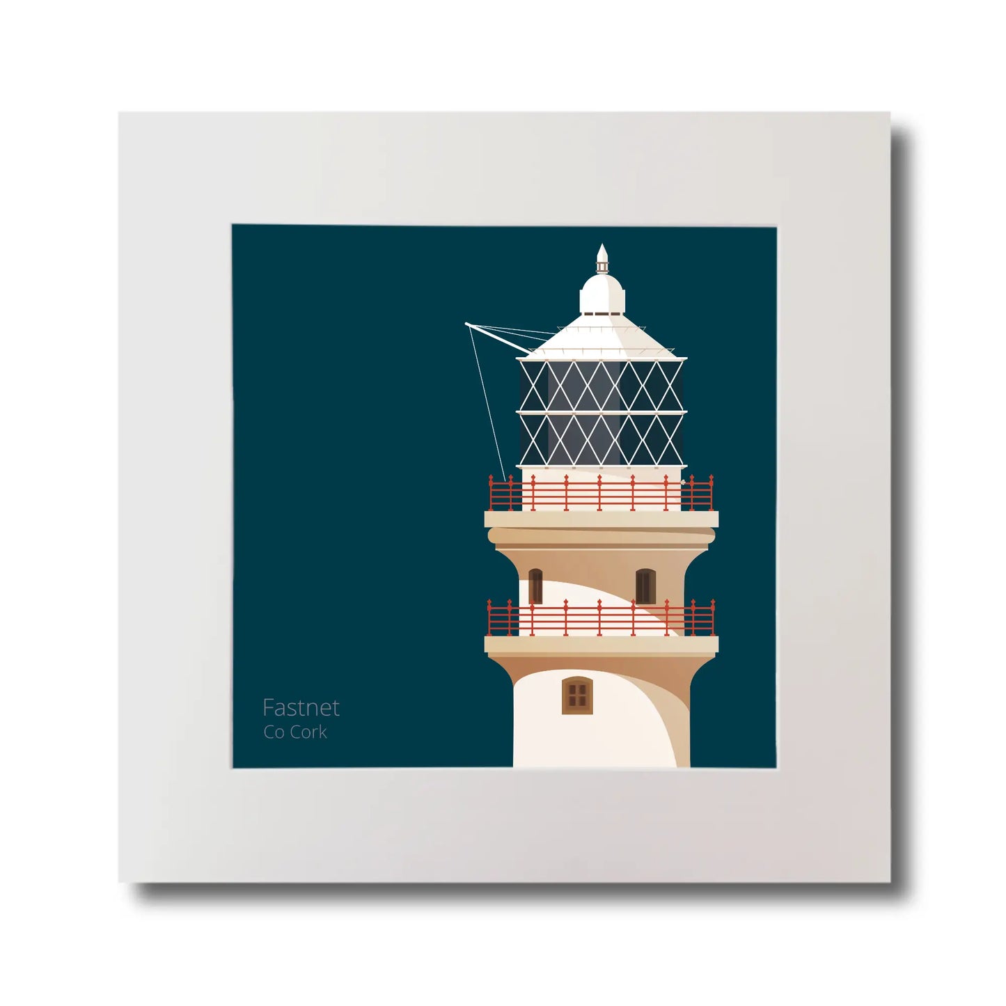 Illustration of Fastnet lighthouse on a midnight blue background, mounted and measuring 30x30cm.