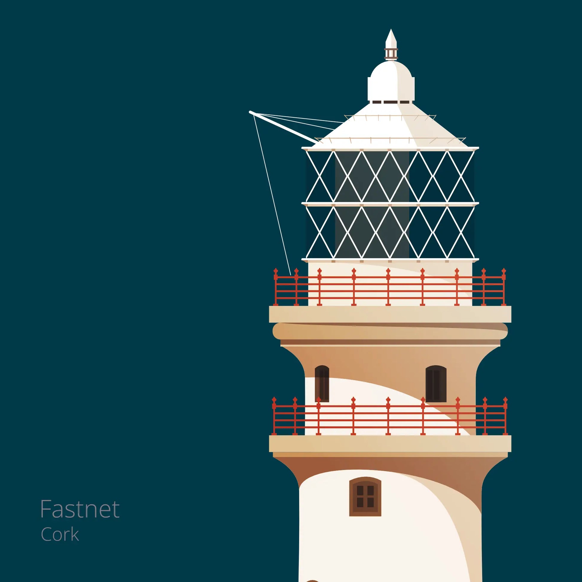 Illustration of Fastnet lighthouse on a midnight blue background