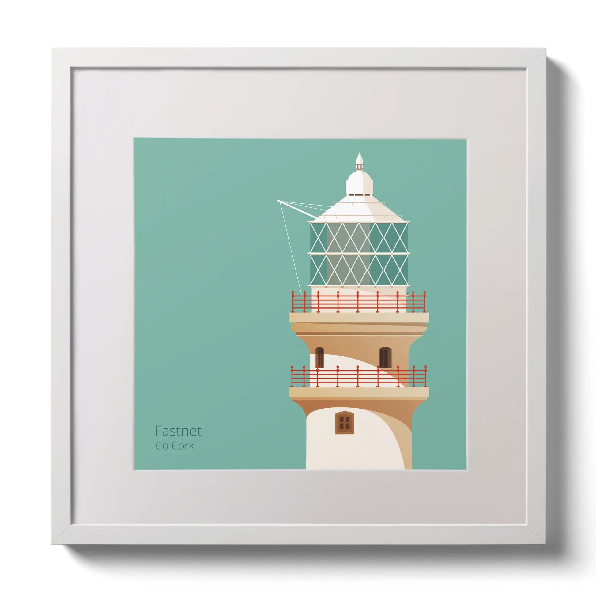 Illustration of Fastnet lighthouse on an ocean green background,  in a white square frame measuring 30x30cm.