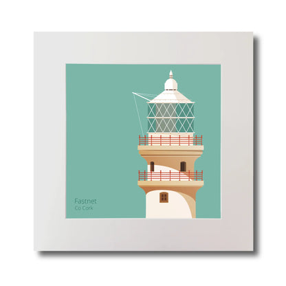 Illustration of Fastnet lighthouse on an ocean green background, mounted and measuring 30x30cm.
