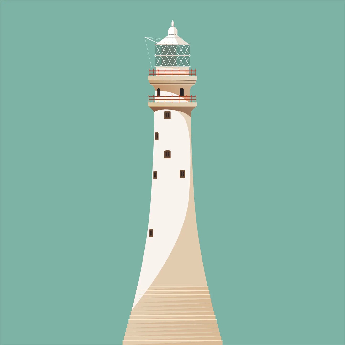 Illustration of Fastnet lighthouse on a white background inside light blue square.
