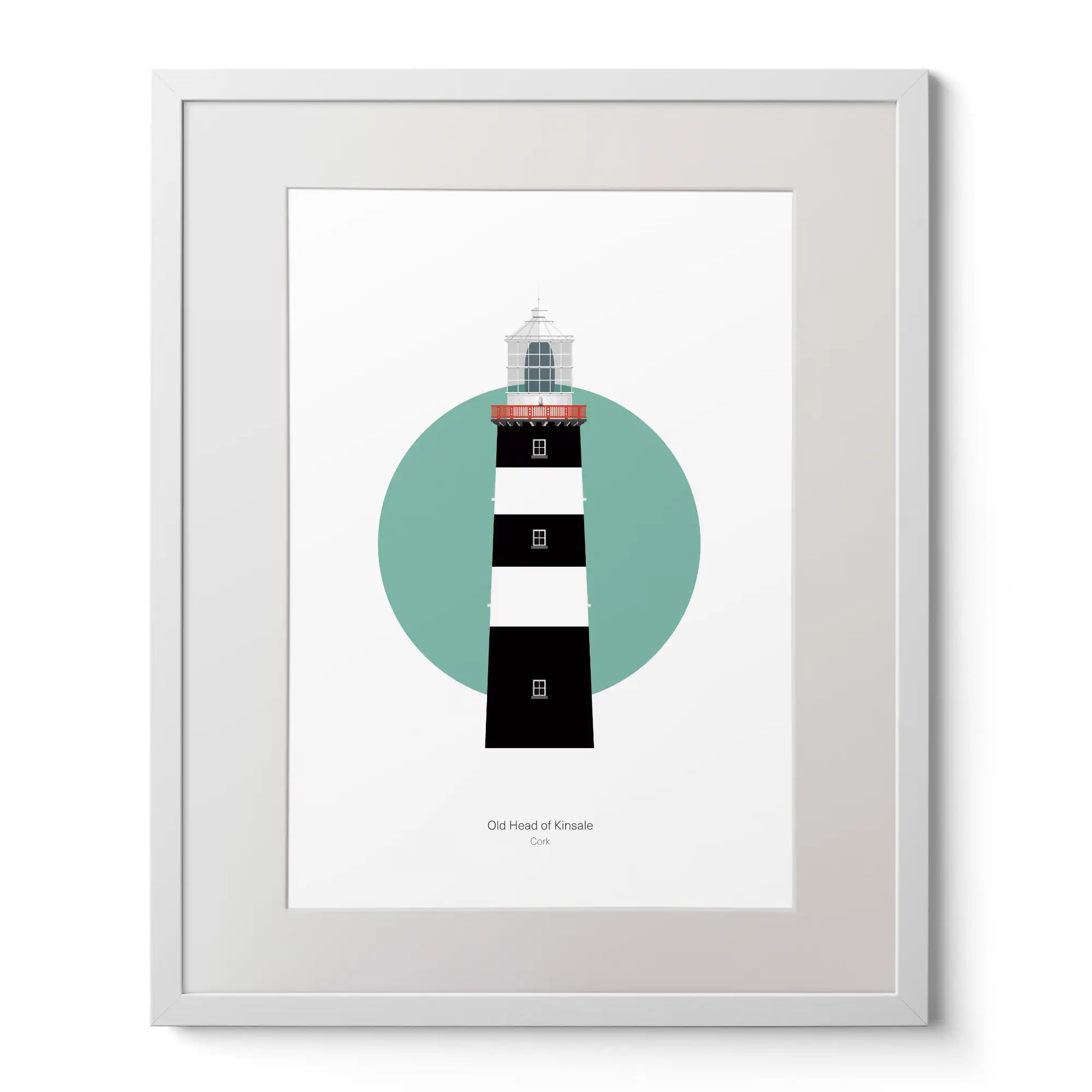 Illustration of Old Head of Kinsale lighthouse on a white background inside light blue square,  in a white frame measuring 40x50cm.