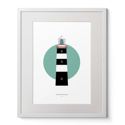 Illustration of Old Head of Kinsale lighthouse on a white background inside light blue square,  in a white frame measuring 40x50cm.