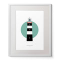 Illustration of Old Head of Kinsale lighthouse on a white background inside light blue square,  in a white frame measuring 40x50cm.
