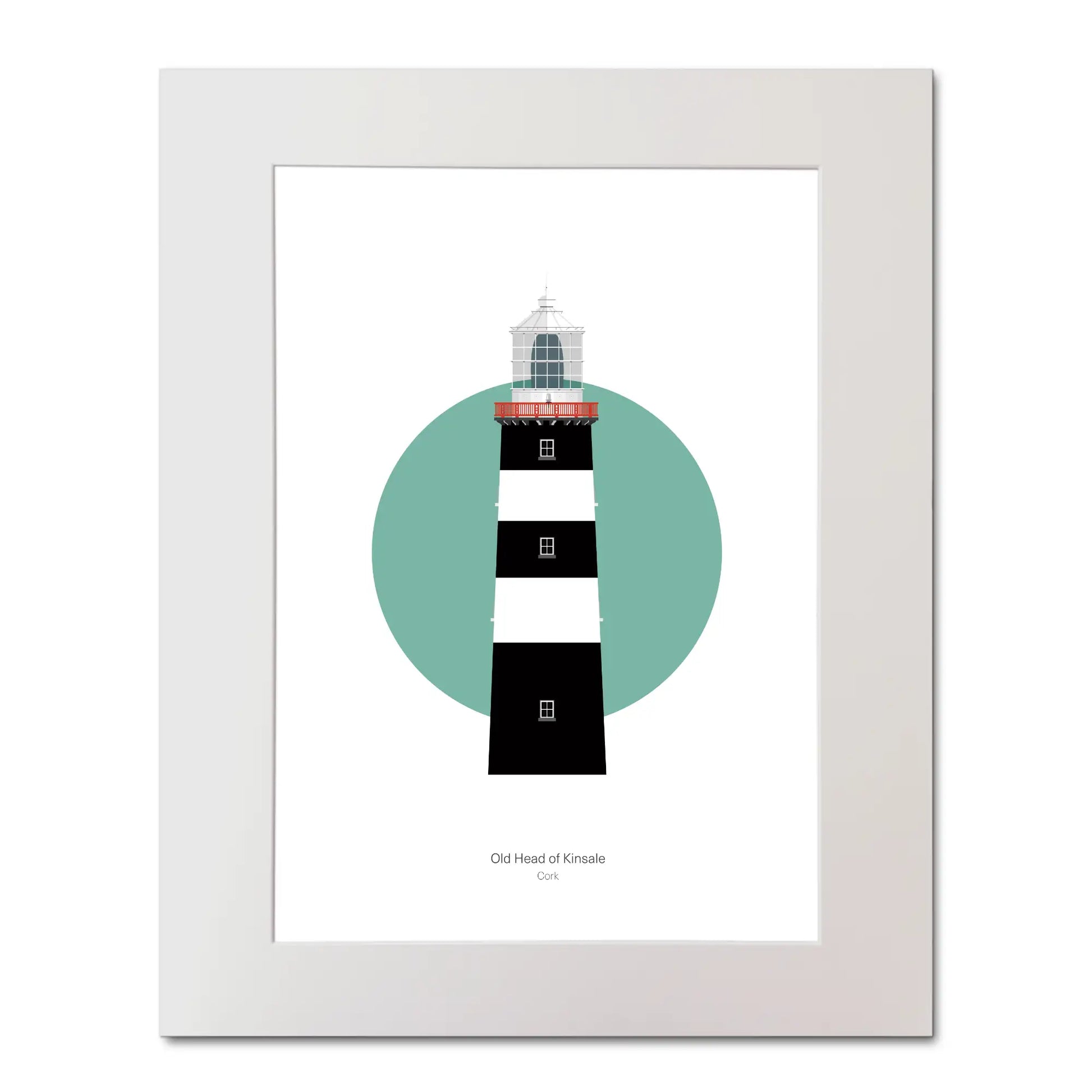 Illustration of Old Head of Kinsale lighthouse on a white background inside light blue square, mounted and measuring 40x50cm.