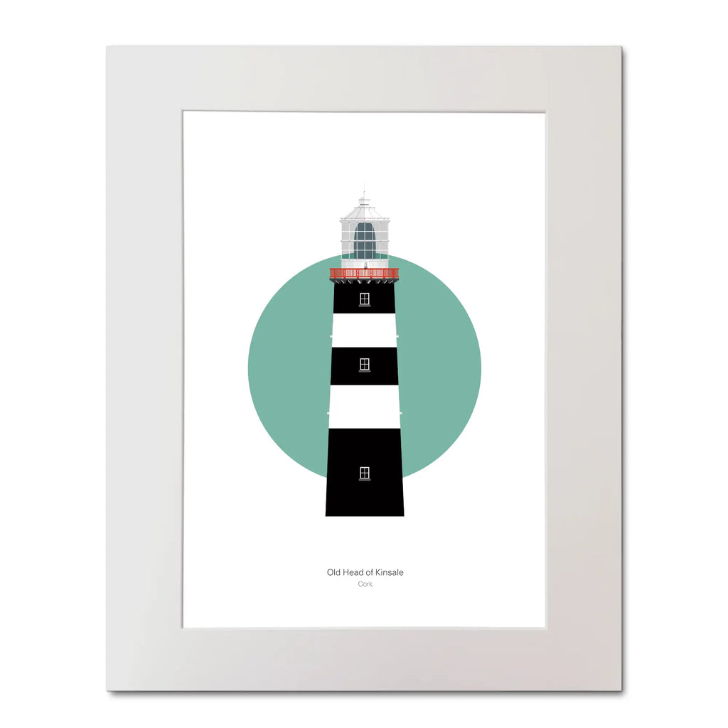 Illustration of Old Head of Kinsale lighthouse on a white background inside light blue square, mounted and measuring 40x50cm.