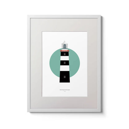 Illustration of Old Head of Kinsale lighthouse on a white background inside light blue square,  in a white frame measuring 30x40cm.