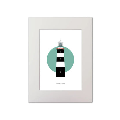 Illustration of Old Head of Kinsale lighthouse on a white background inside light blue square, mounted and measuring 30x40cm.