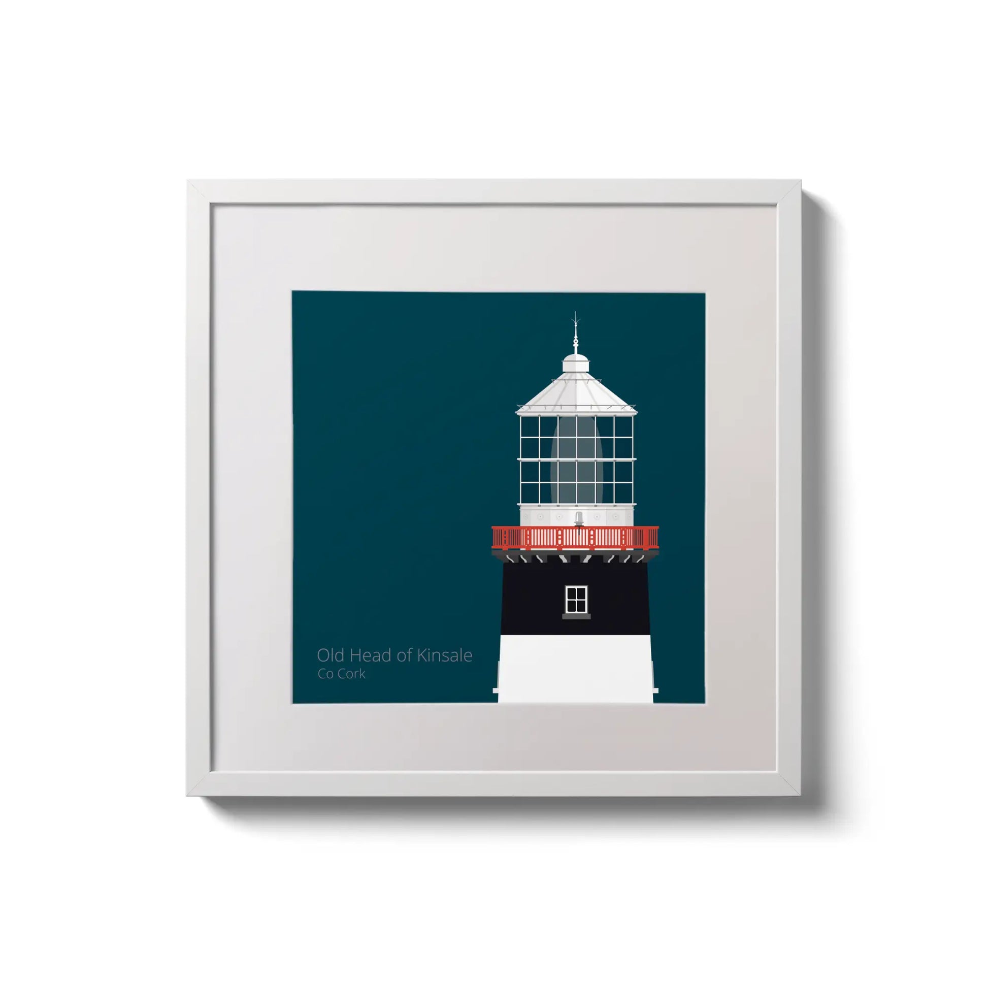 Illustration of Old Head of Kinsale lighthouse on a midnight blue background,  in a white square frame measuring 20x20cm.