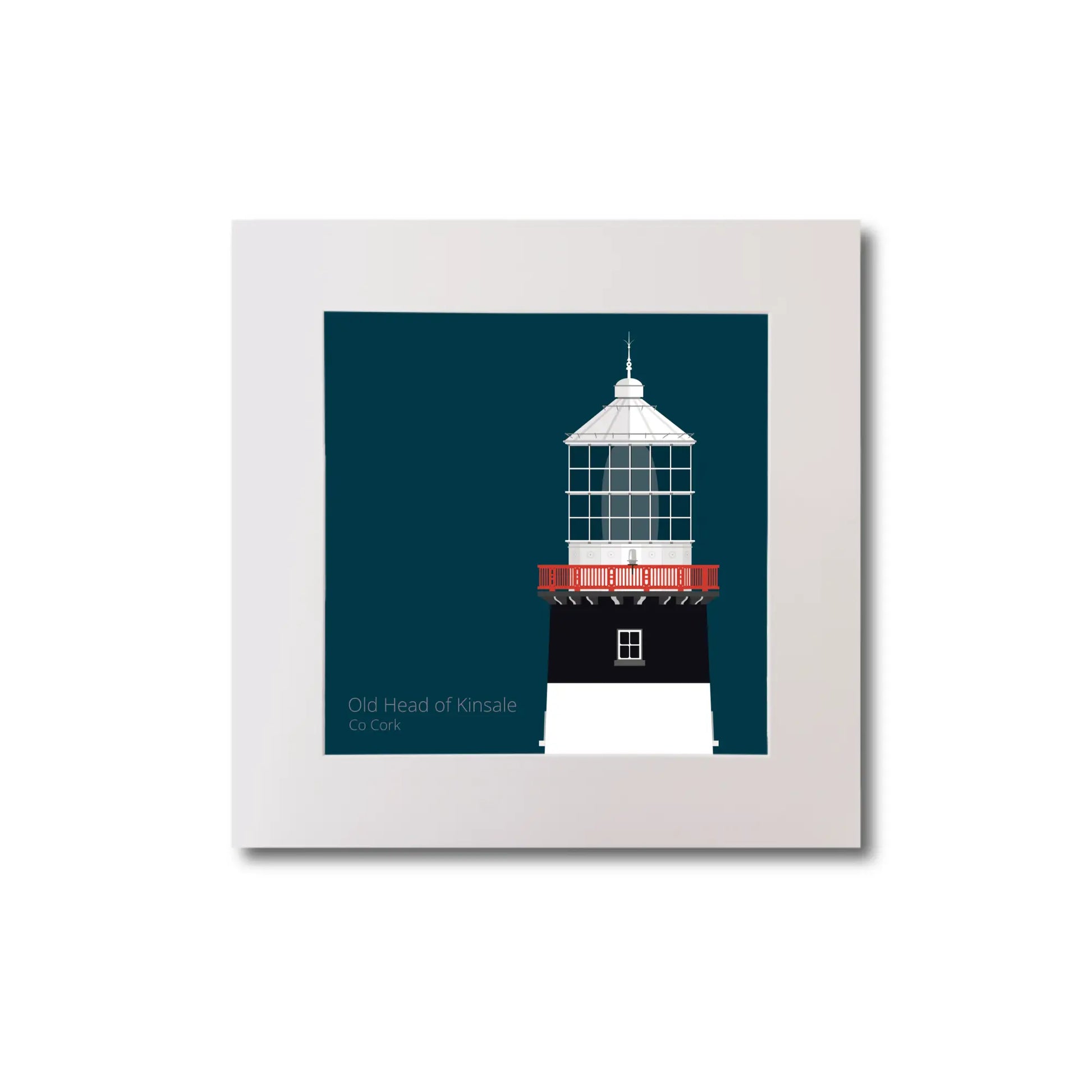 Illustration of Old Head of Kinsale lighthouse on a midnight blue background, mounted and measuring 20x20cm.