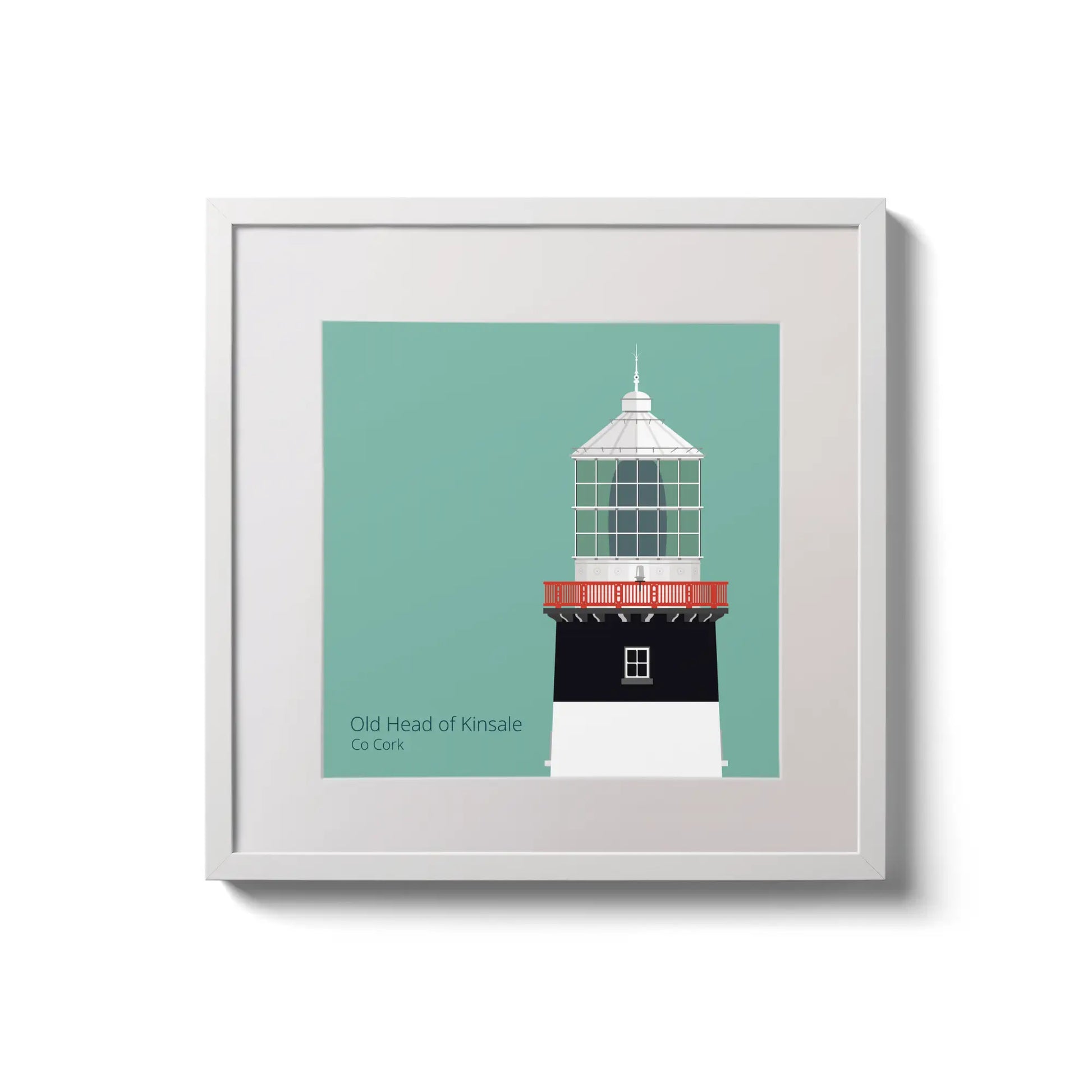 Illustration of Old Head of Kinsale lighthouse on an ocean green background,  in a white square frame measuring 20x20cm.