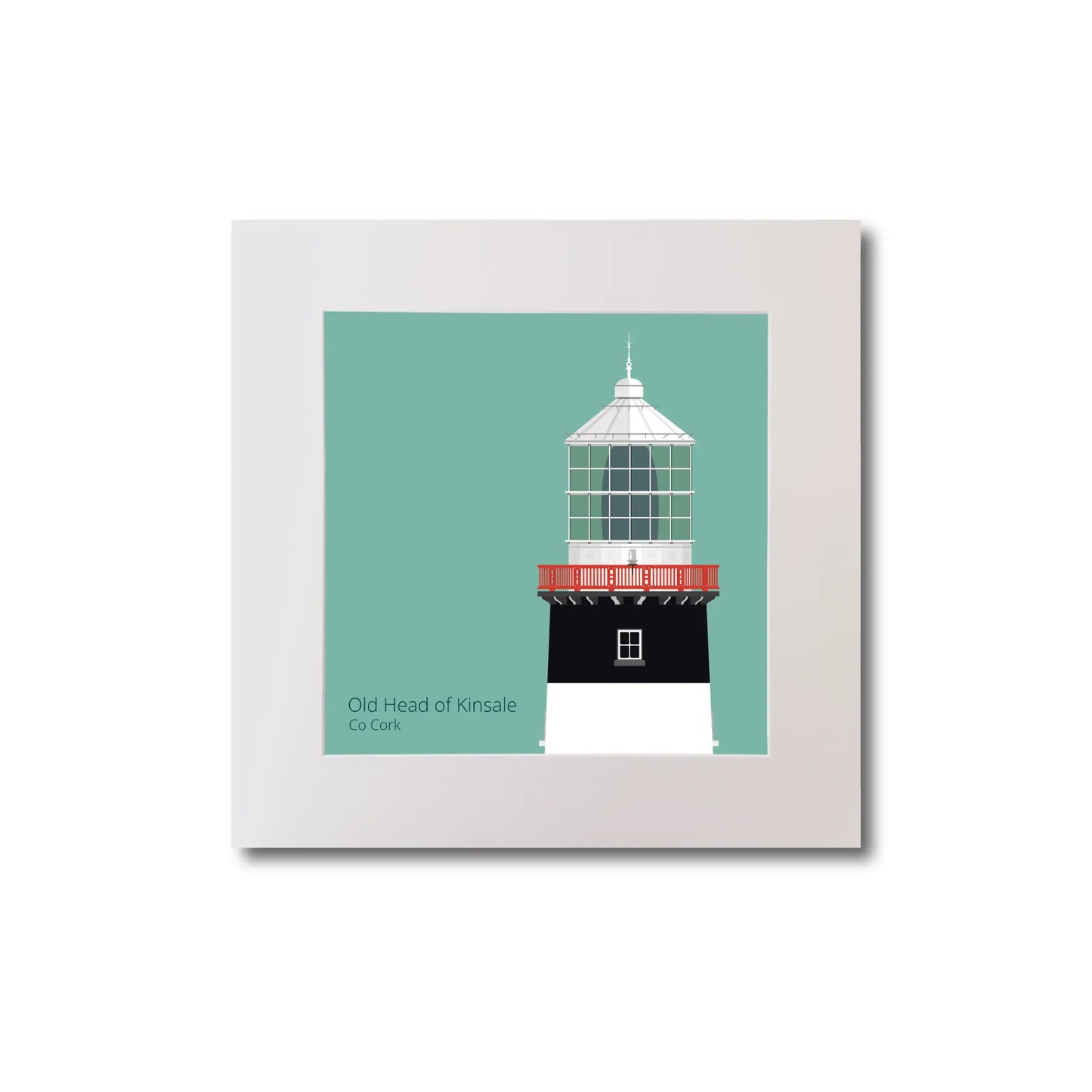 Illustration of Old Head of Kinsale lighthouse on an ocean green background, mounted and measuring 20x20cm.