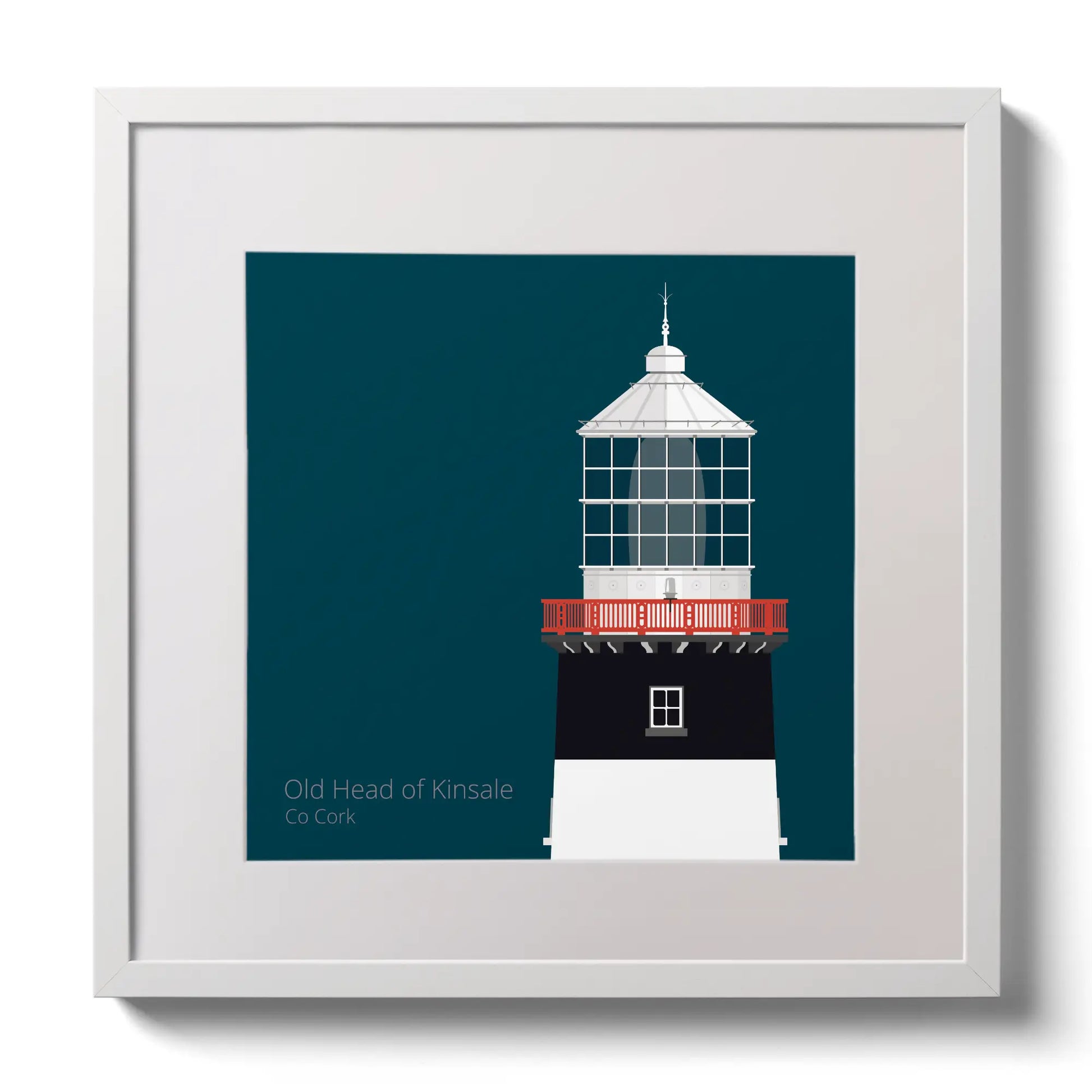 Illustration of Old Head of Kinsale lighthouse on a midnight blue background,  in a white square frame measuring 30x30cm.