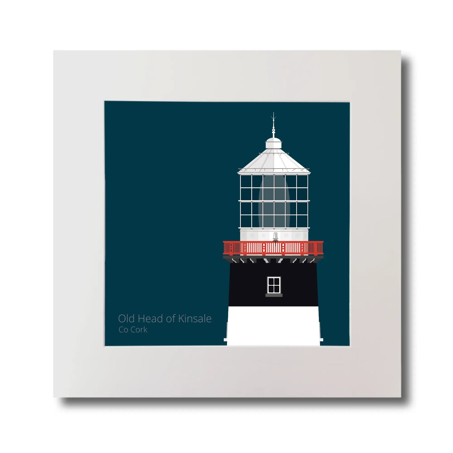 Illustration of Old Head of Kinsale lighthouse on a midnight blue background, mounted and measuring 30x30cm.