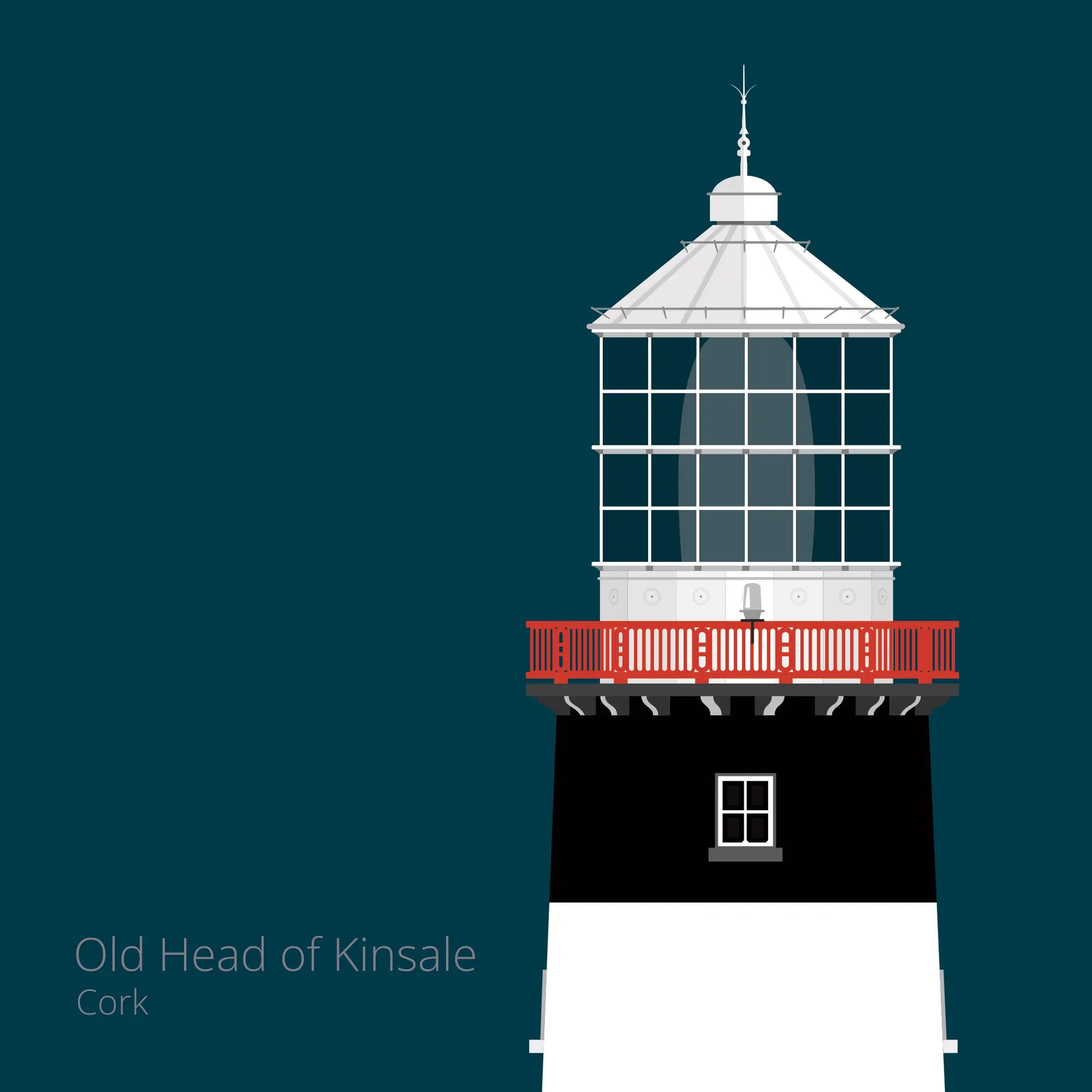 Illustration of Old Head of Kinsale lighthouse on a midnight blue background
