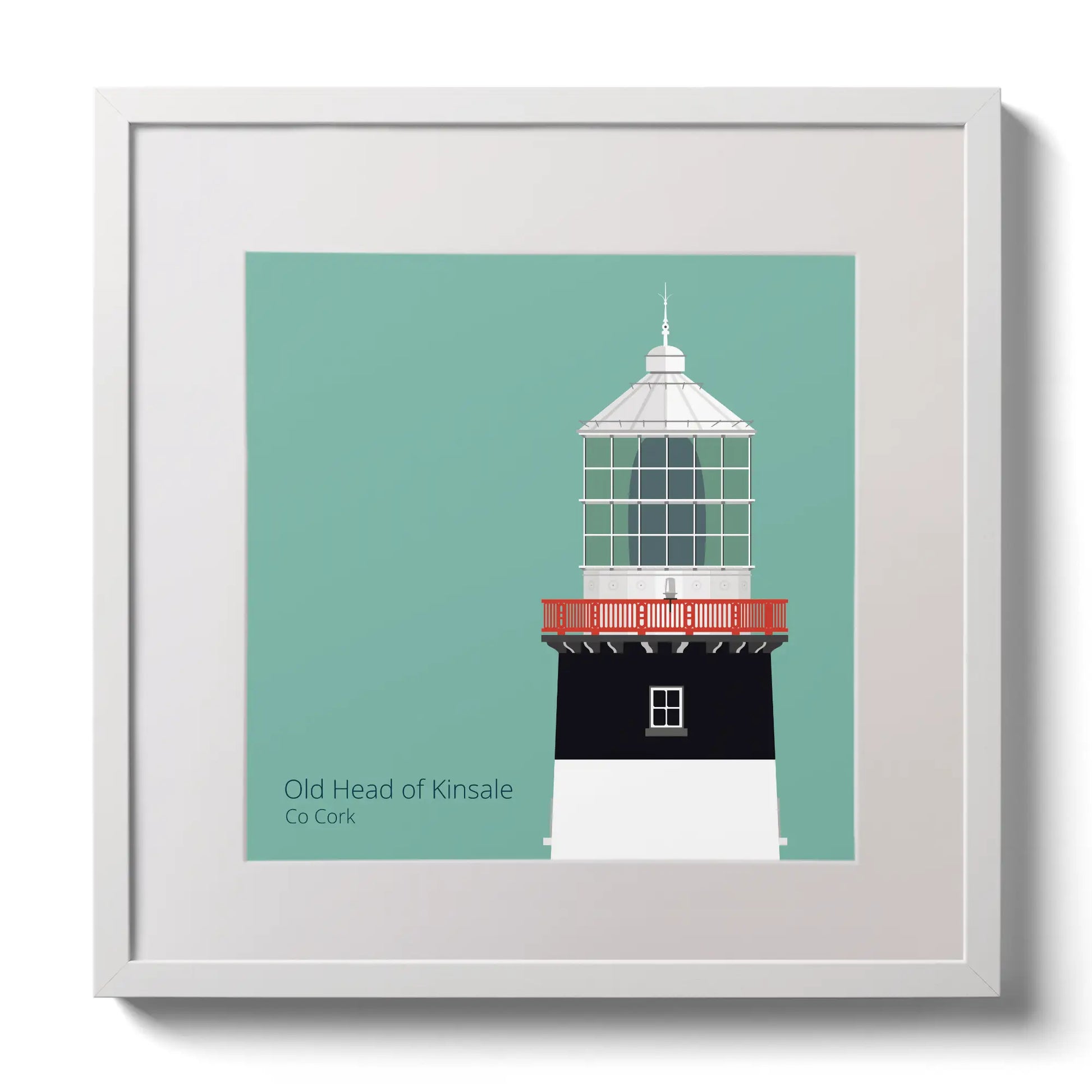 Illustration of Old Head of Kinsale lighthouse on an ocean green background,  in a white square frame measuring 30x30cm.
