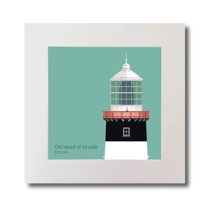 Illustration of Old Head of Kinsale lighthouse on an ocean green background, mounted and measuring 30x30cm.
