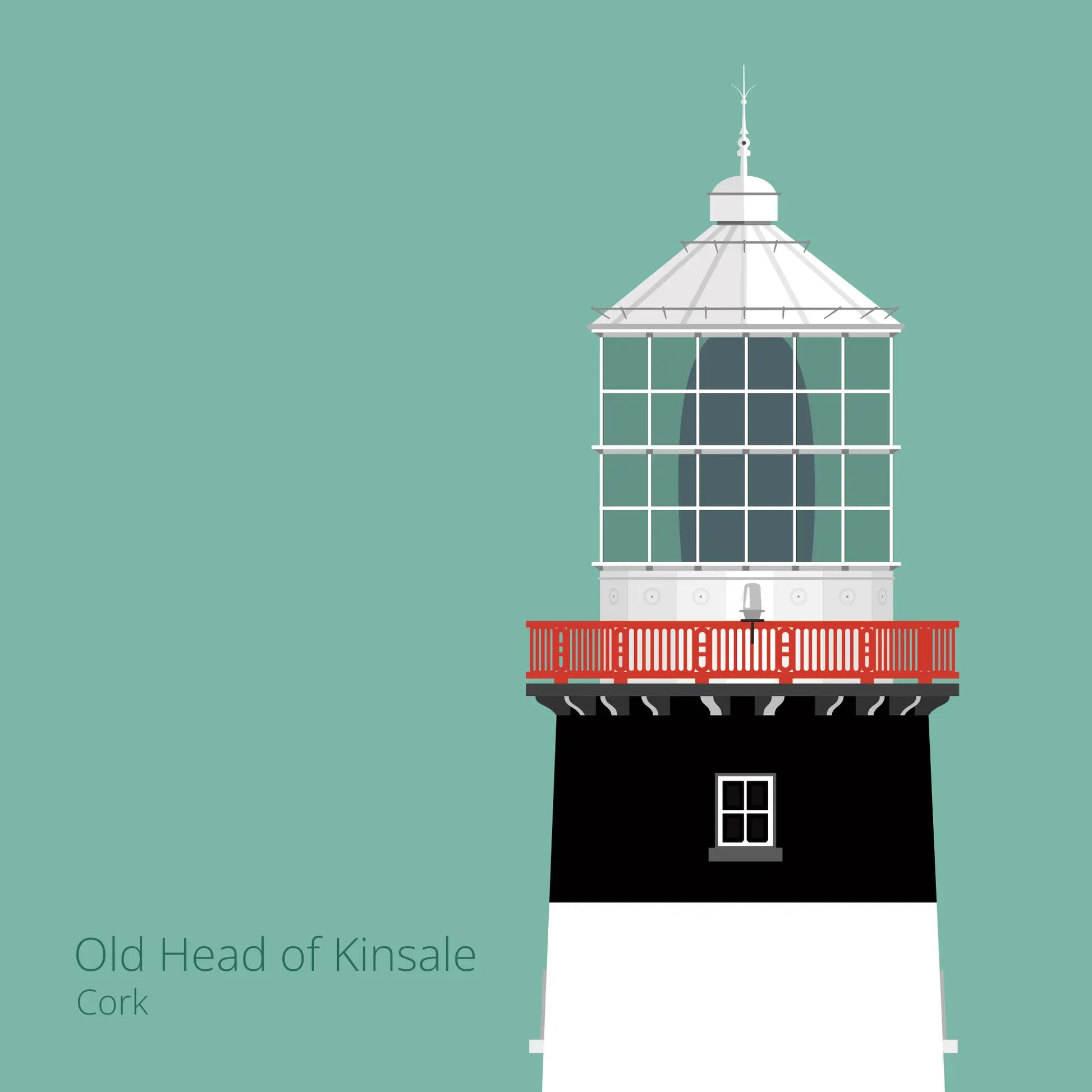 Illustration of Old Head of Kinsale lighthouse on an ocean green background