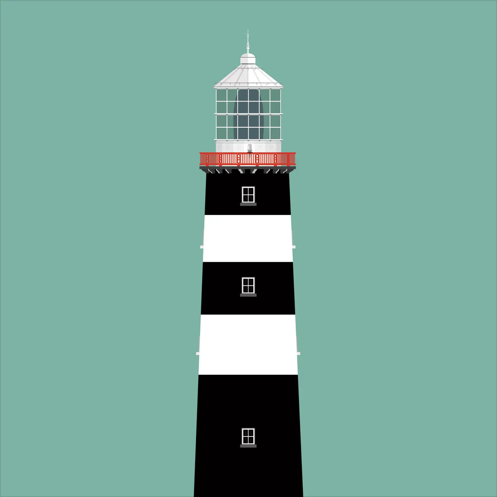 Illustration of Old Head of Kinsale lighthouse on a white background inside light blue square.