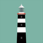 Illustration of Old Head of Kinsale lighthouse on a white background inside light blue square.
