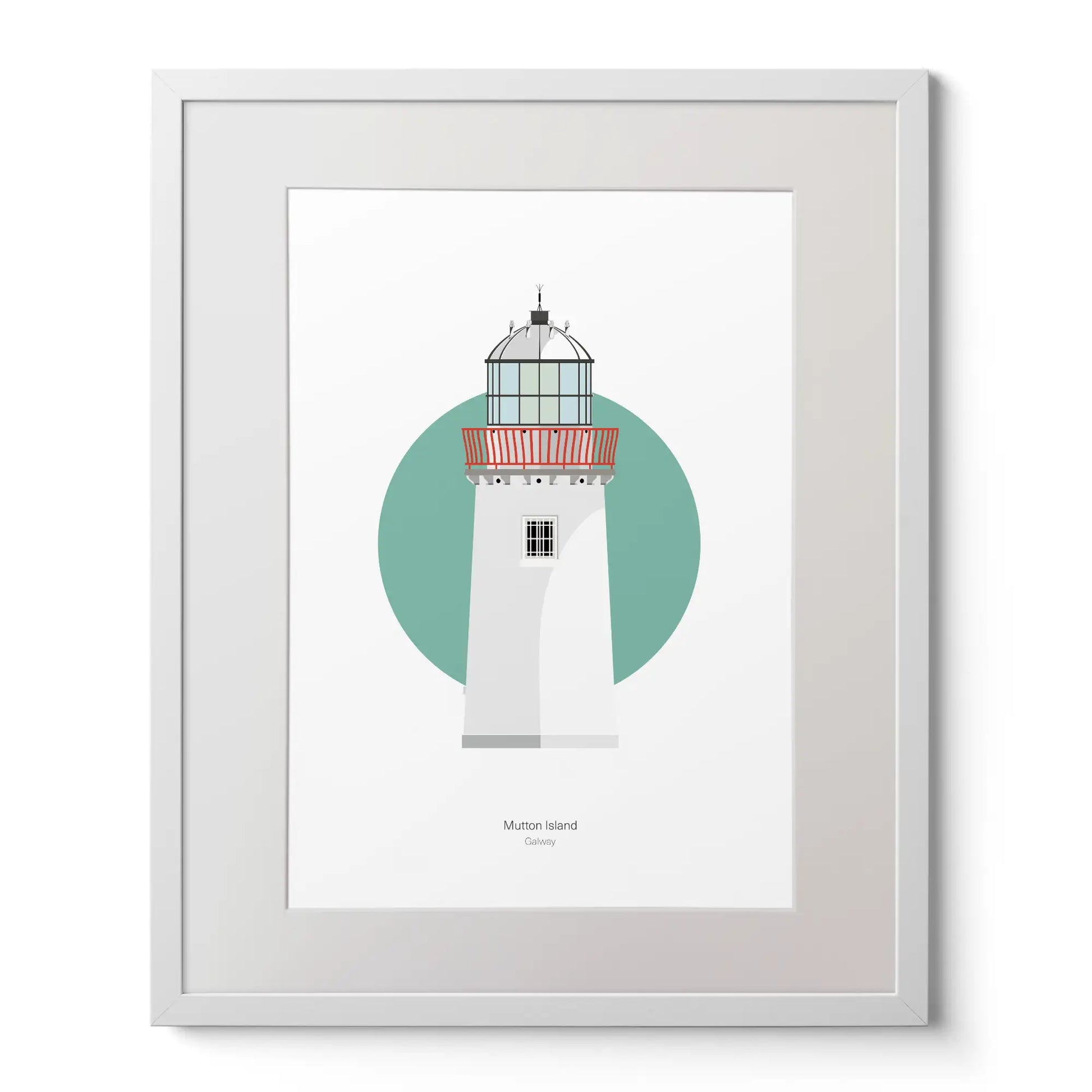 Illustration of Mutton Island lighthouse on a white background inside light blue square,  in a white frame measuring 40x50cm.