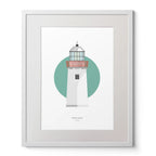 Illustration of Mutton Island lighthouse on a white background inside light blue square,  in a white frame measuring 40x50cm.